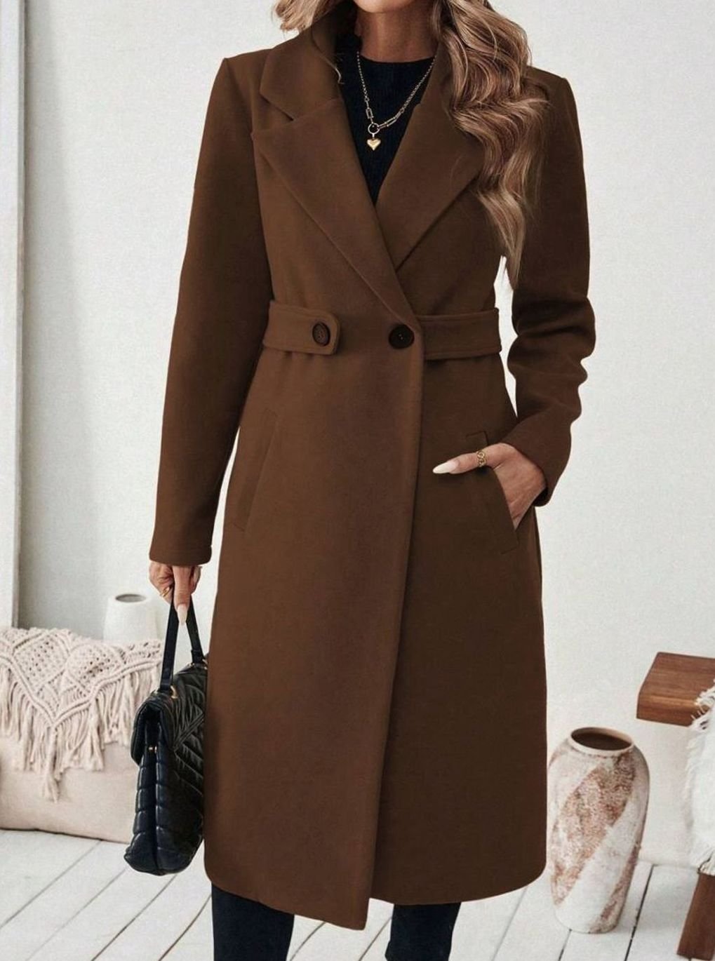 Women's Belted Longline Coat in Brown