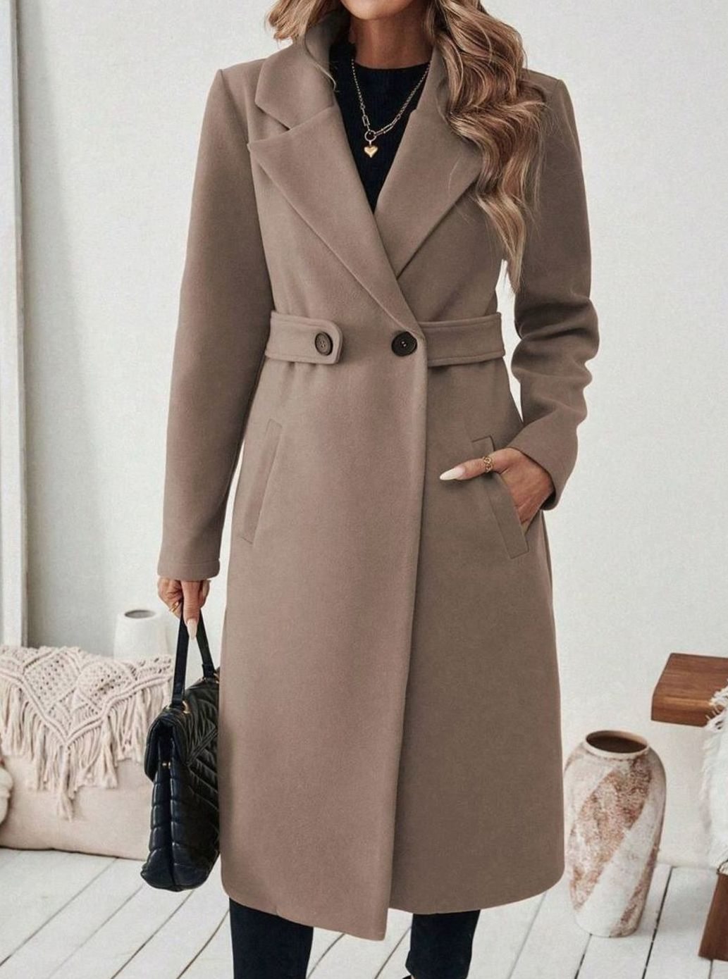 Women's Belted Longline Coat in Coffee Brown