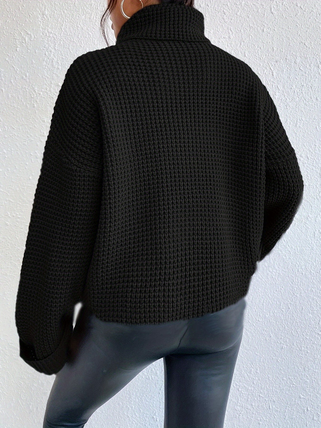 Women's Oversized Waffle Knit Turtleneck Sweater in Black - view 1