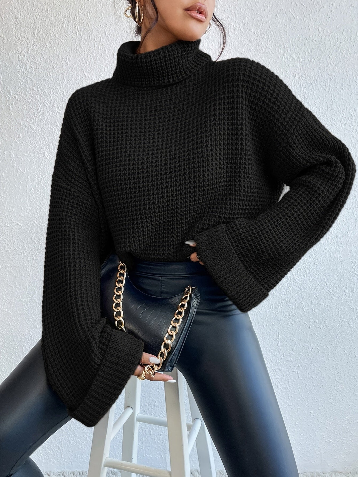 Women's Oversized Waffle Knit Turtleneck Sweater in Black - view 2