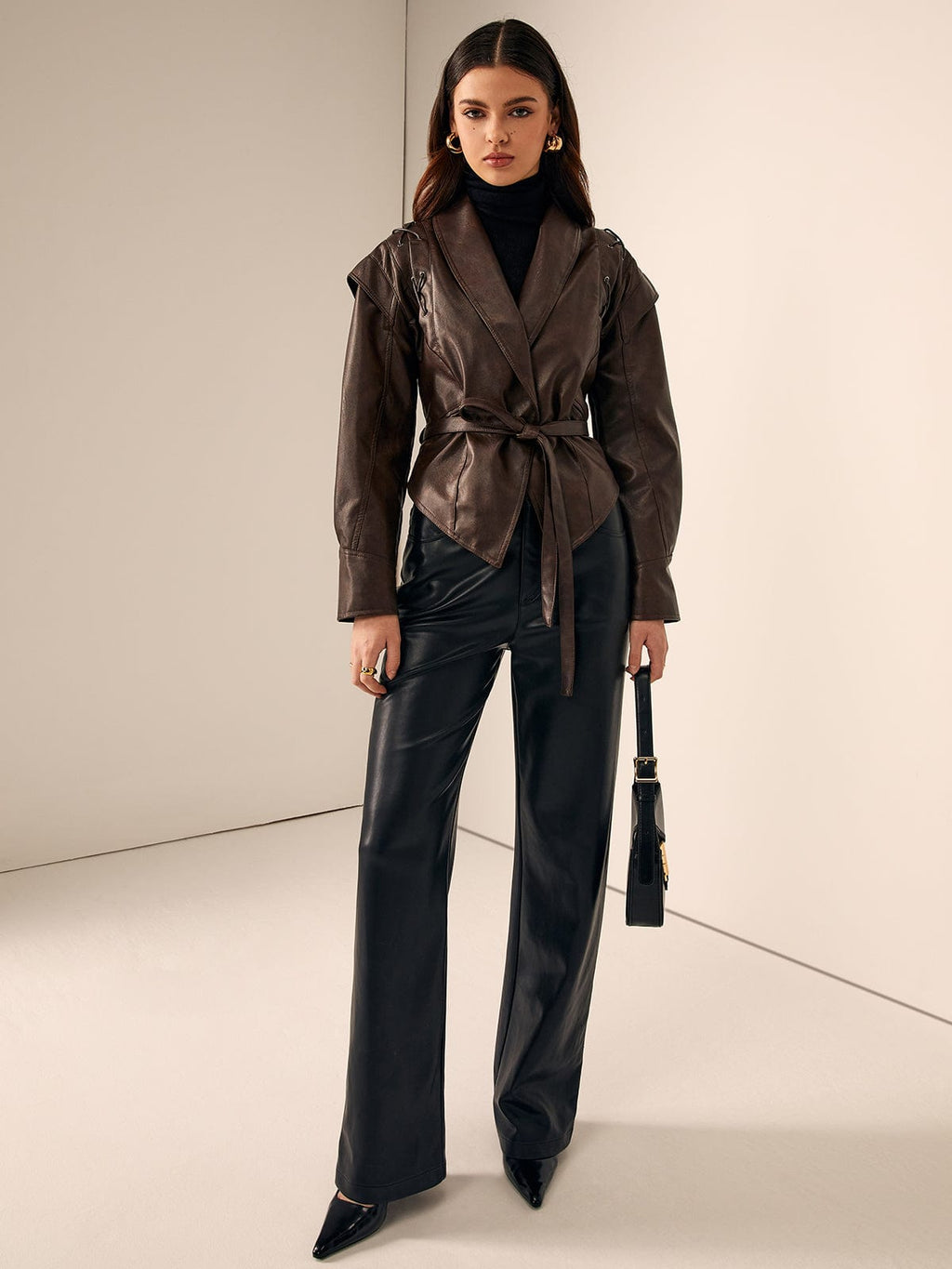Women's Belted Faux Leather Jacket in Chestnut Brown