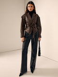 Women's Belted Faux Leather Jacket in Chestnut Brown