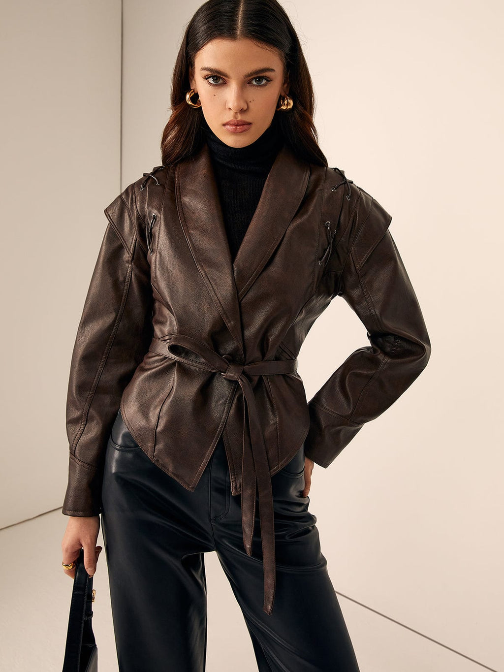 Women's Belted Faux Leather Jacket in Chestnut Brown - view 3