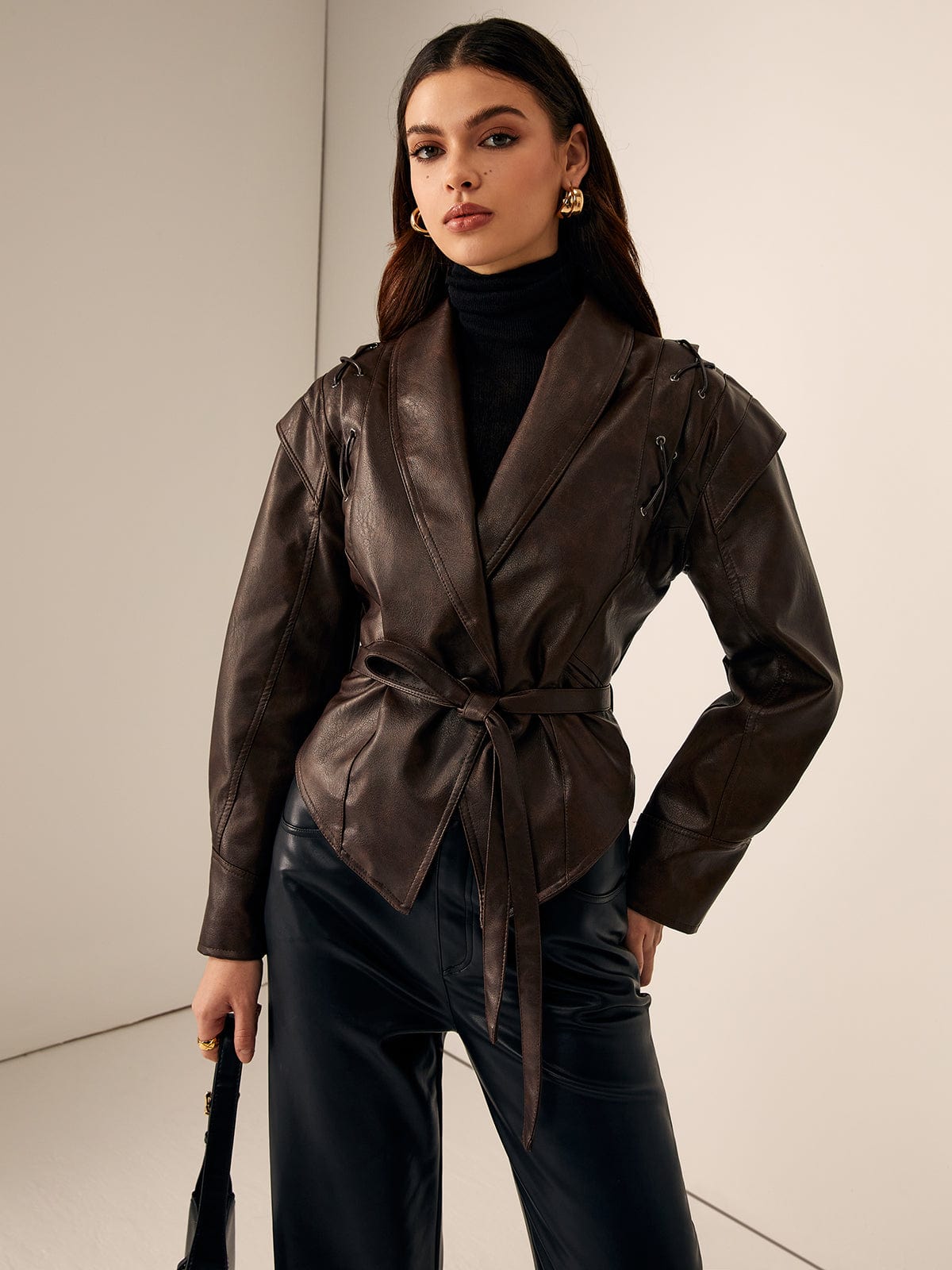 Women's Belted Faux Leather Jacket in Chestnut Brown - view 1