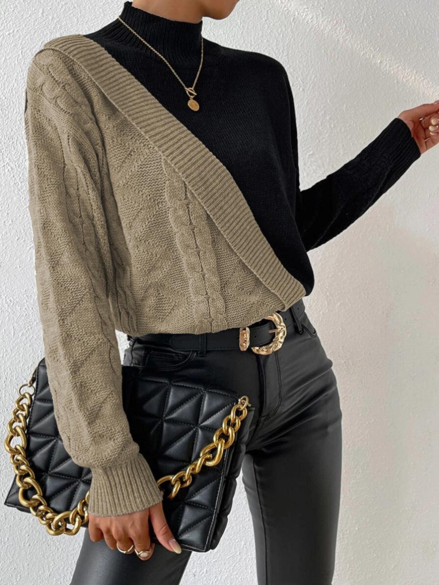Women's Two-Tone Cable Knit Sweater in Khaki