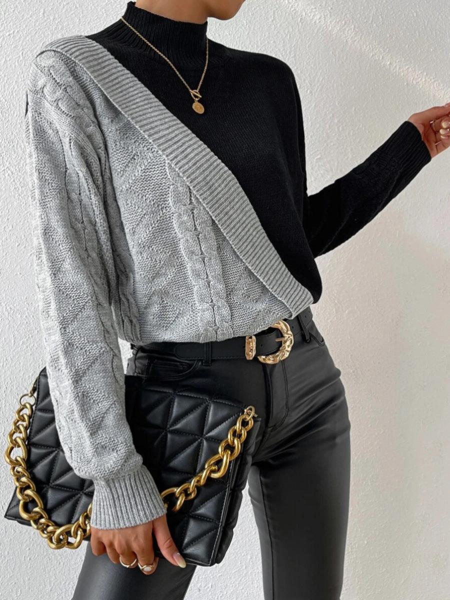 Women's Two-Tone Cable Knit Sweater in Gray