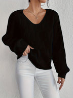 Women's Cable Knit V-Neck Sweater in Black
