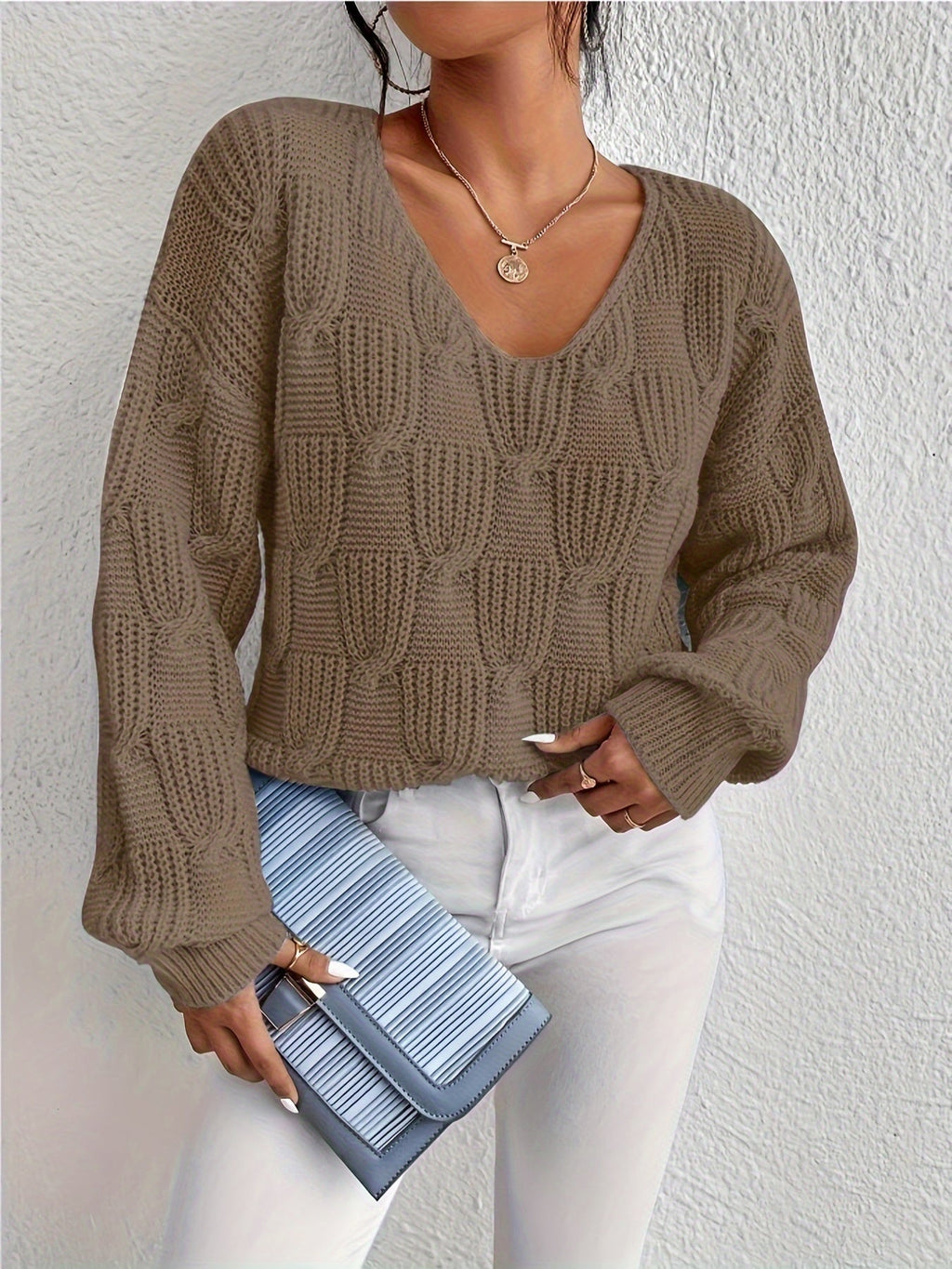 Women's Cable Knit V-Neck Sweater in Brown