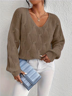 Women's Cable Knit V-Neck Sweater in Brown