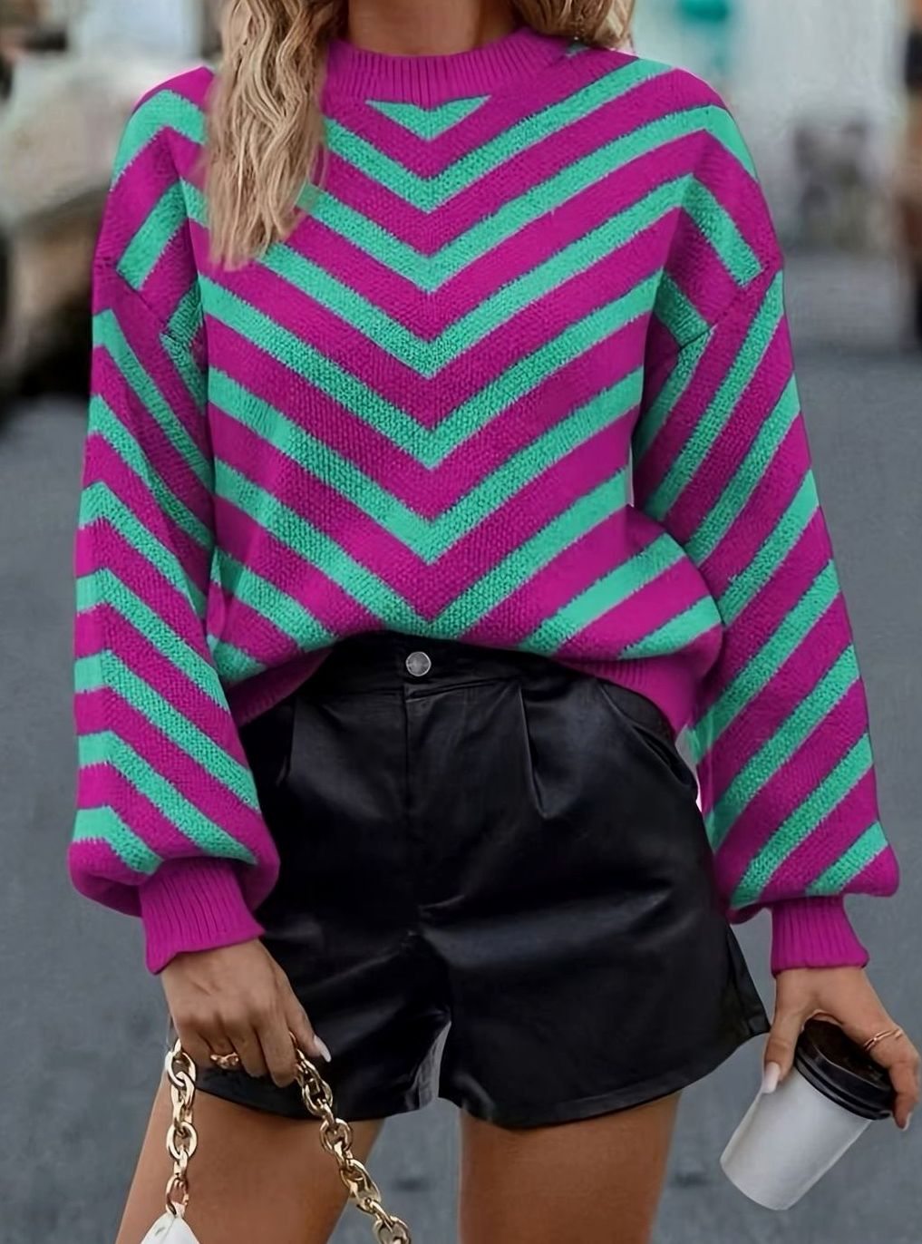 Women's Chevron Stripe Sweater in Magenta/Teal