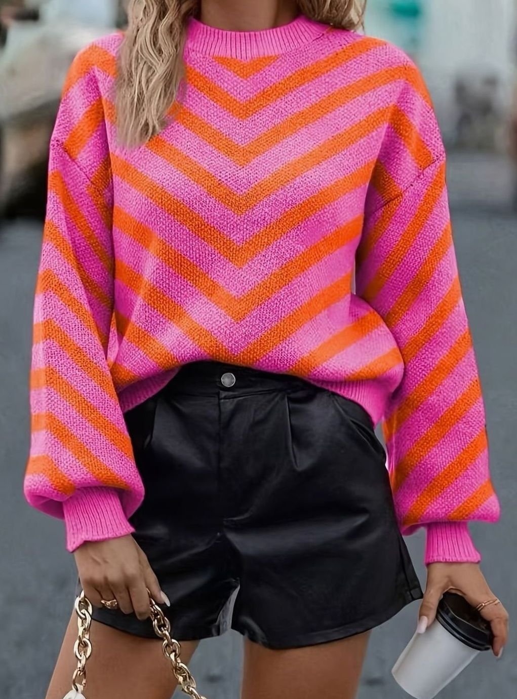 Women's Chevron Stripe Sweater in Pink/Orange