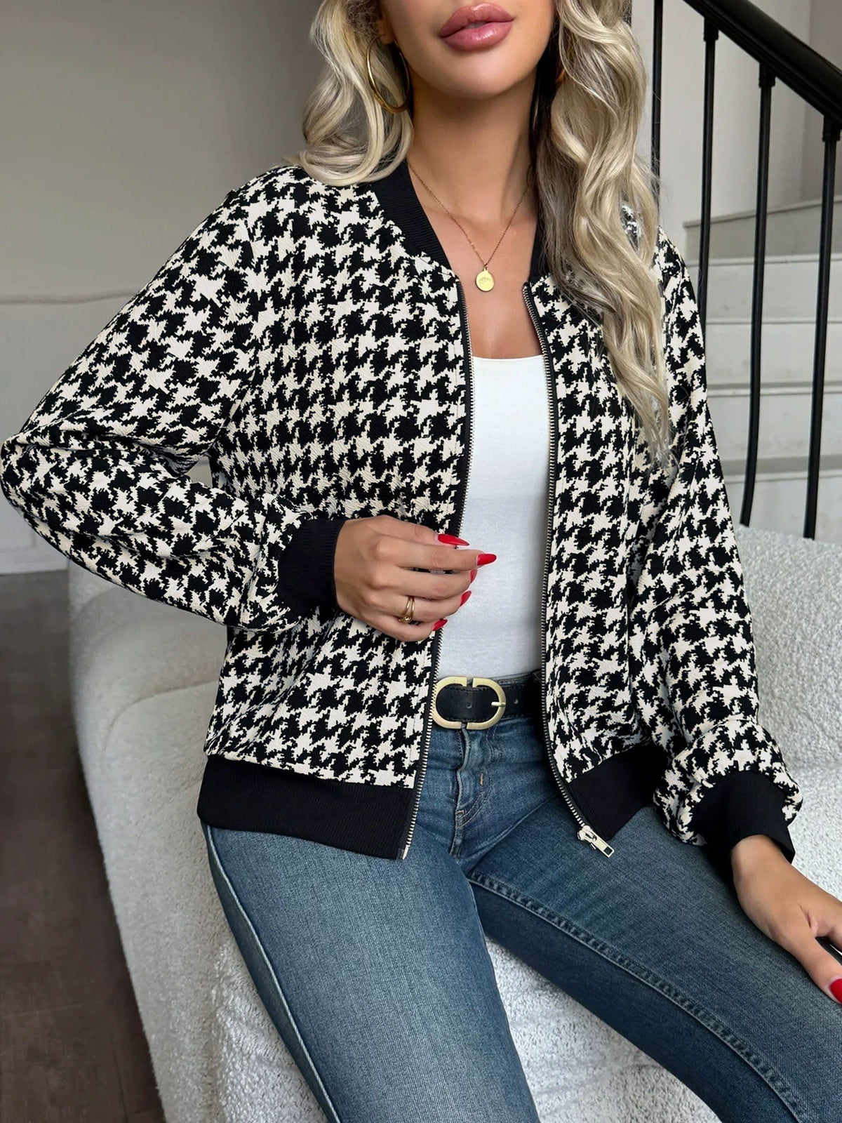 Women's Houndstooth Bomber Jacket in Black - view 2
