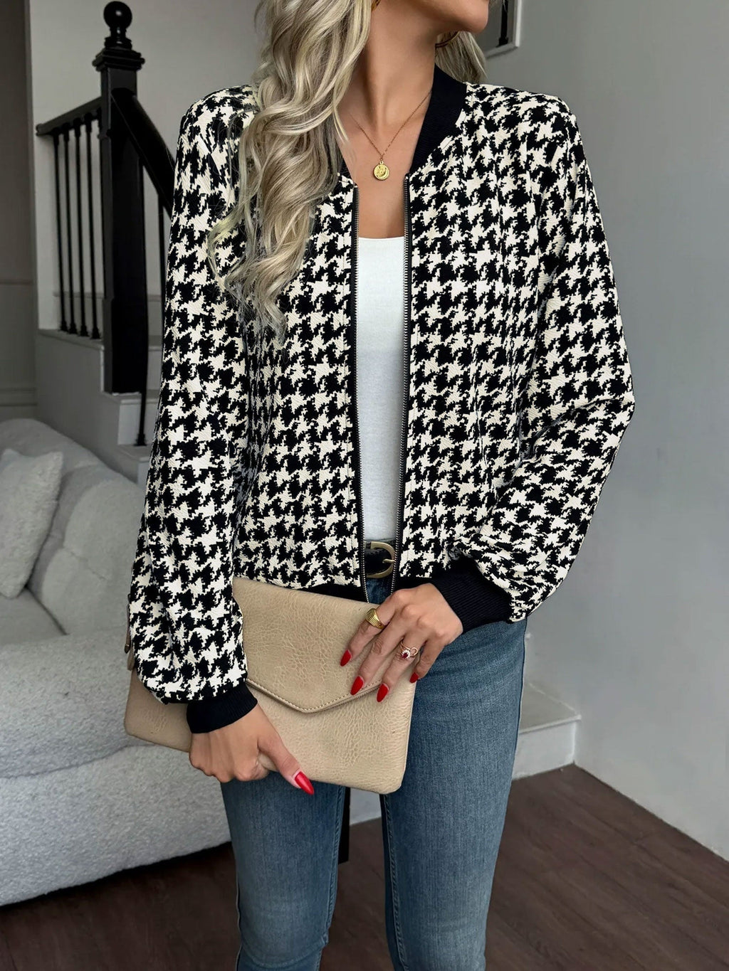 Women's Houndstooth Bomber Jacket in Black - view 4