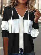 Women's Color Block Rib Knit Zip Hoodie in Black