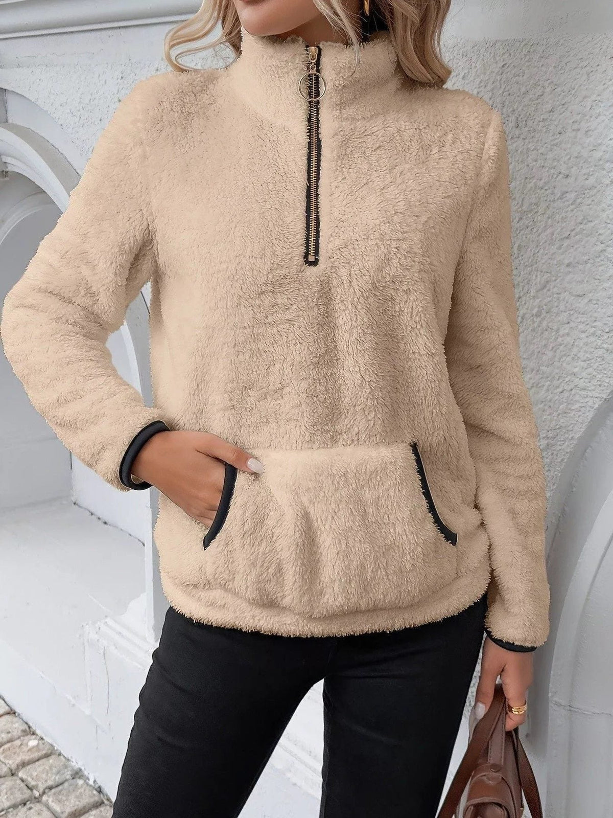 Women's Half-Zip Fleece Sweatshirt in Khaki