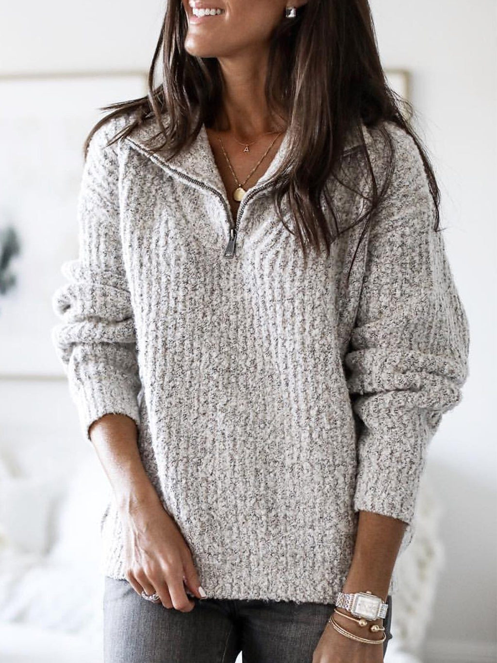 Women's Half-Zip Knit Sweater in Gray