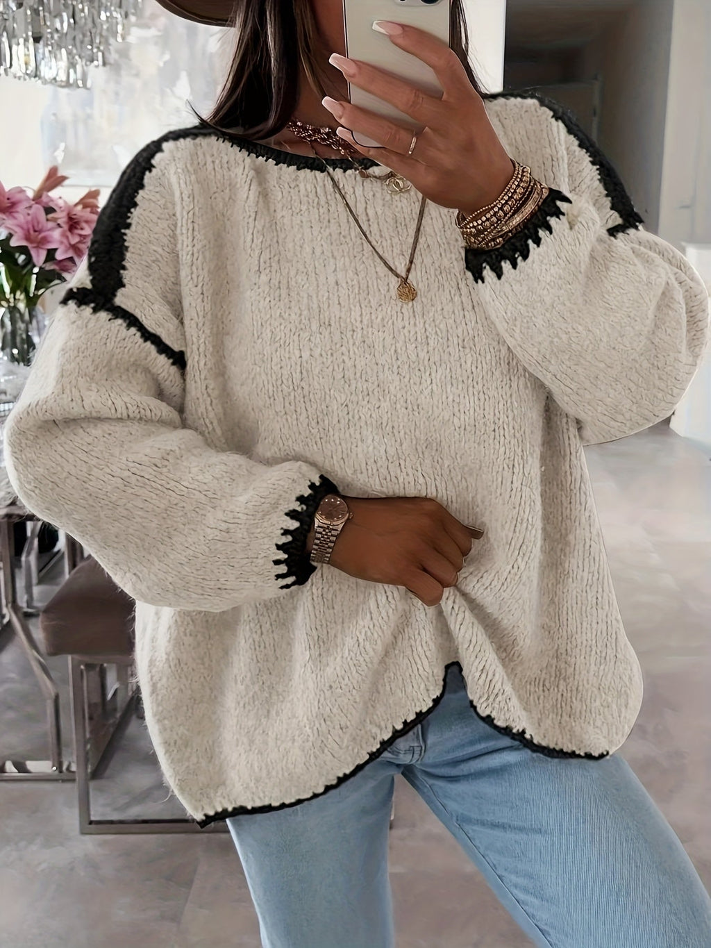 Women's Oversized Boat Neck Sweater in Apricot