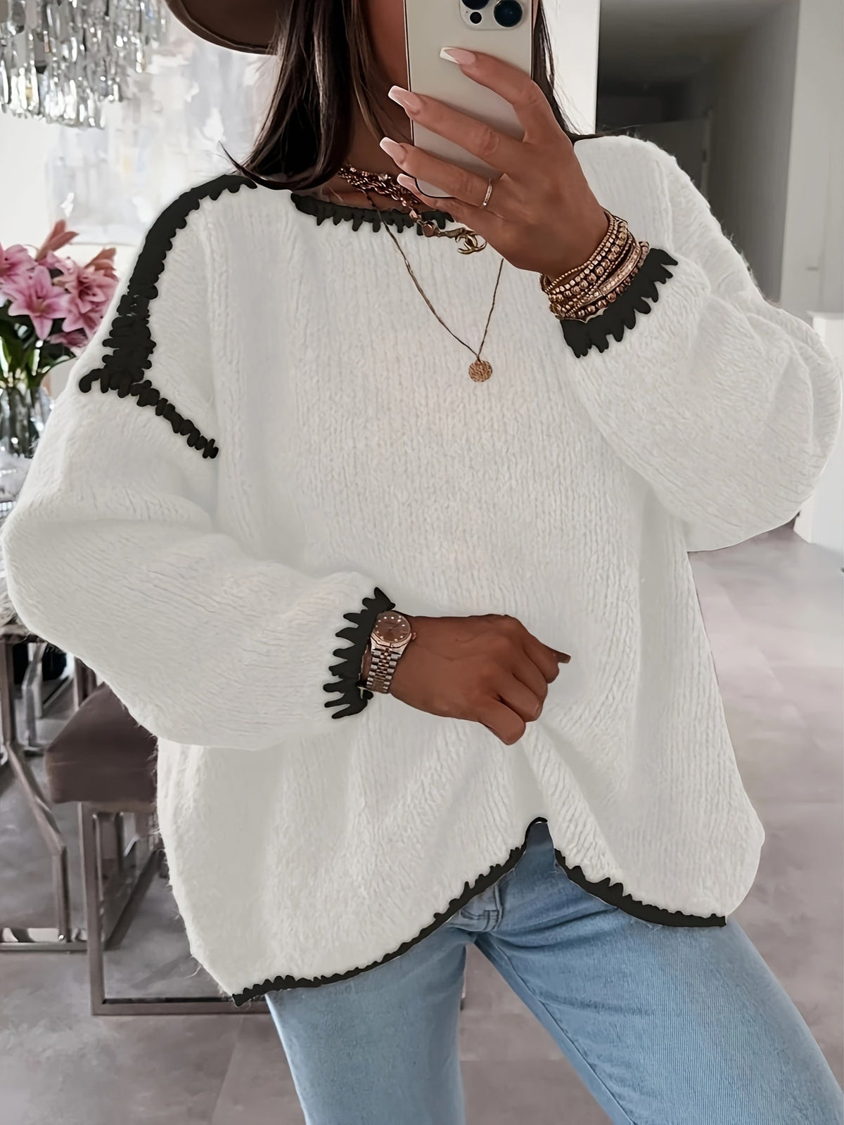 Women's Oversized Boat Neck Sweater in White