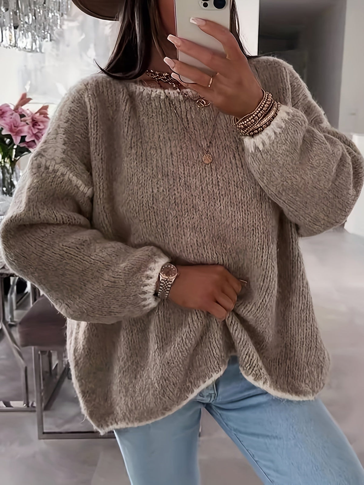Women's Oversized Boat Neck Sweater in Khaki