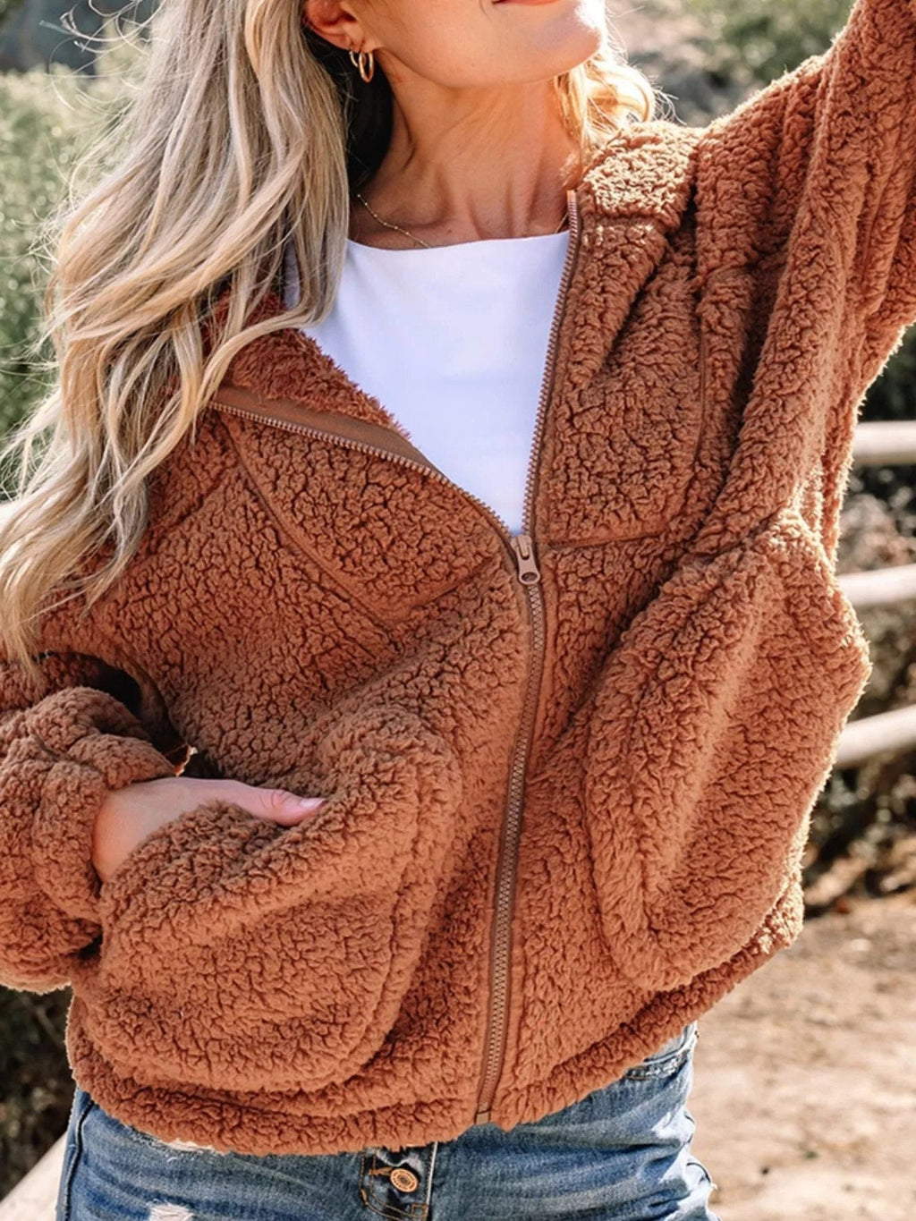 Women's Oversized Hooded Teddy Jacket in Brown - view 2