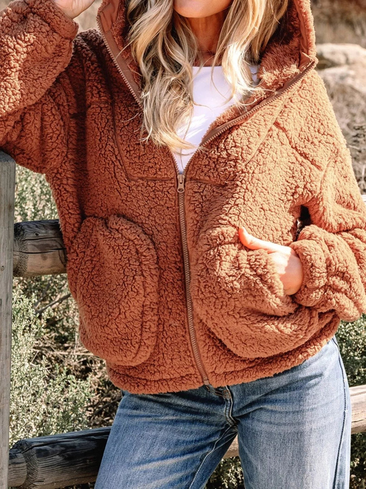 Women's Oversized Hooded Teddy Jacket in Brown - view 3
