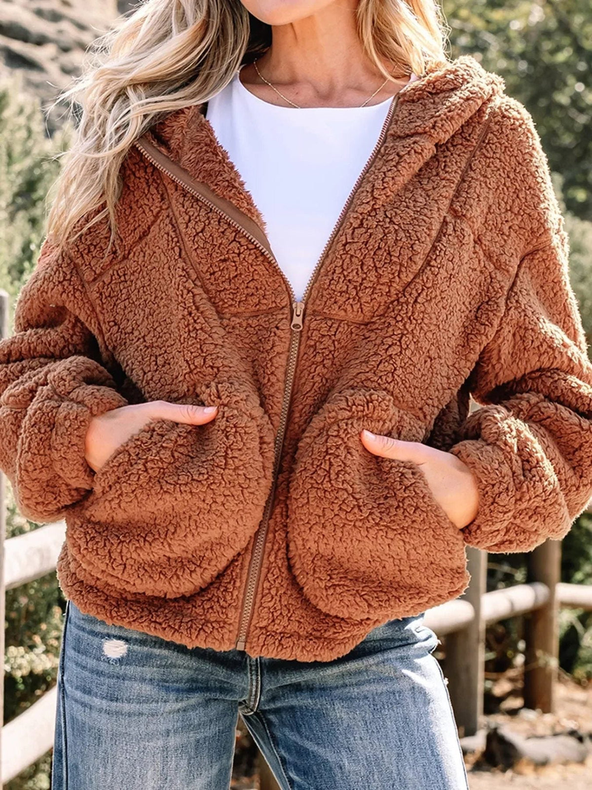 Women's Oversized Hooded Teddy Jacket in Brown