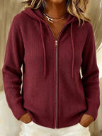 Women's Rib Knit Zip-Up Hoodie Cardigan in Burgundy