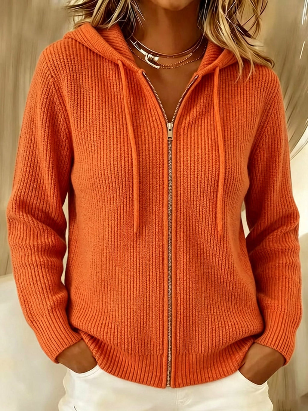 Women's Rib Knit Zip-Up Hoodie Cardigan in Orange