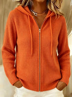 Women's Rib Knit Zip-Up Hoodie Cardigan in Orange