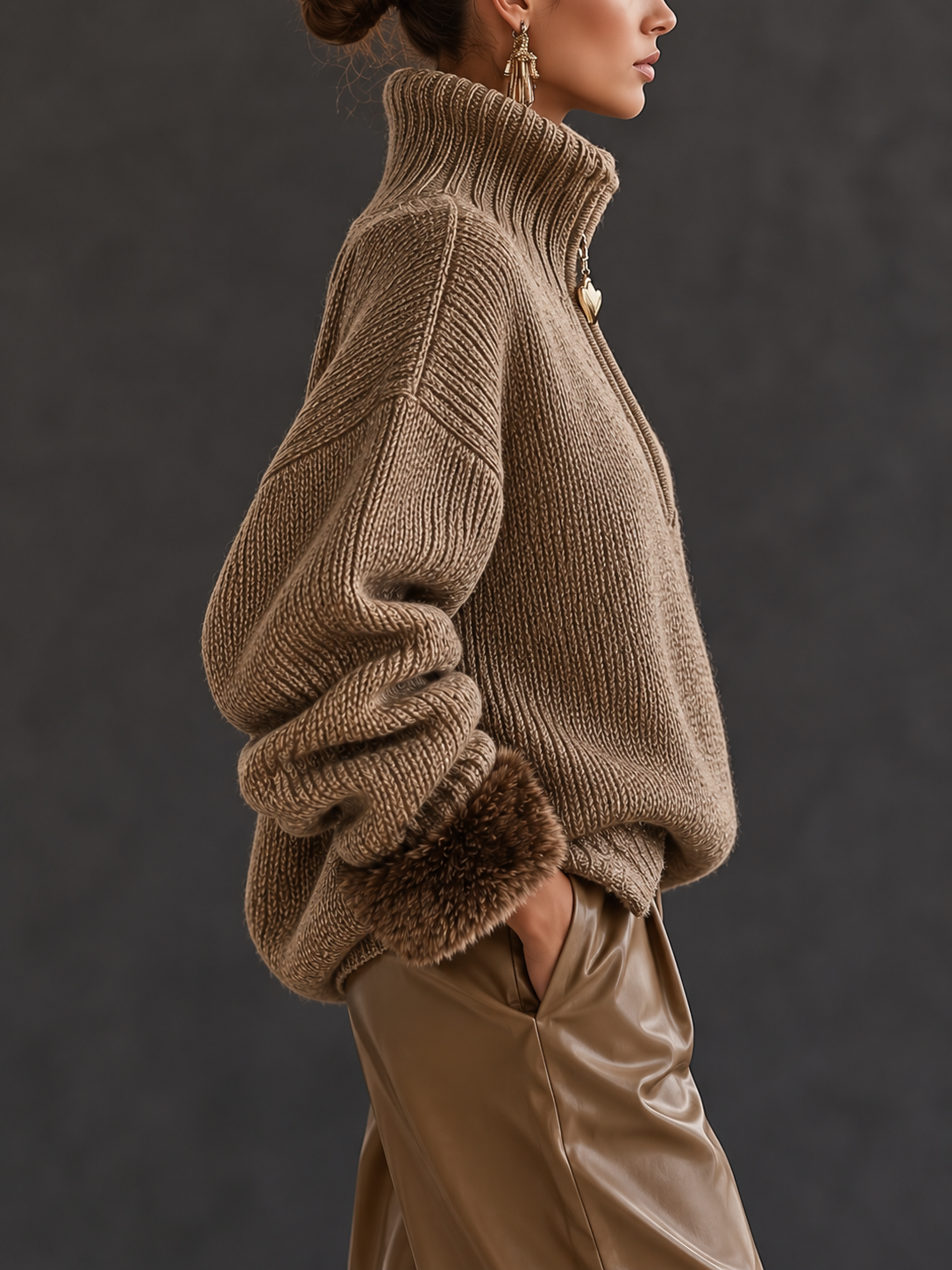Women's Half-Zip Chunky Knit Sweater in Mocha - view 1