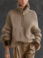 Women's Half-Zip Chunky Knit Sweater in Mocha