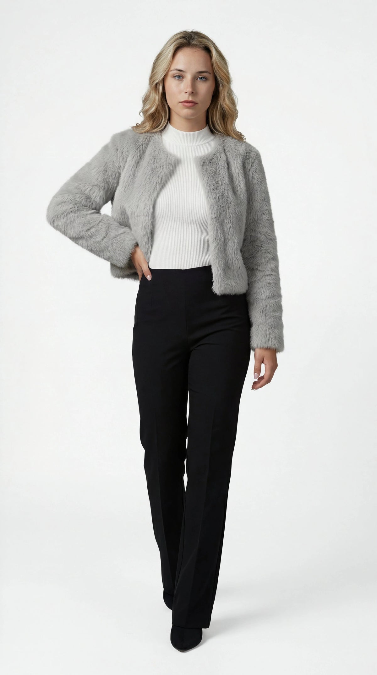 Women's Cropped Faux Fur Jacket in Gray