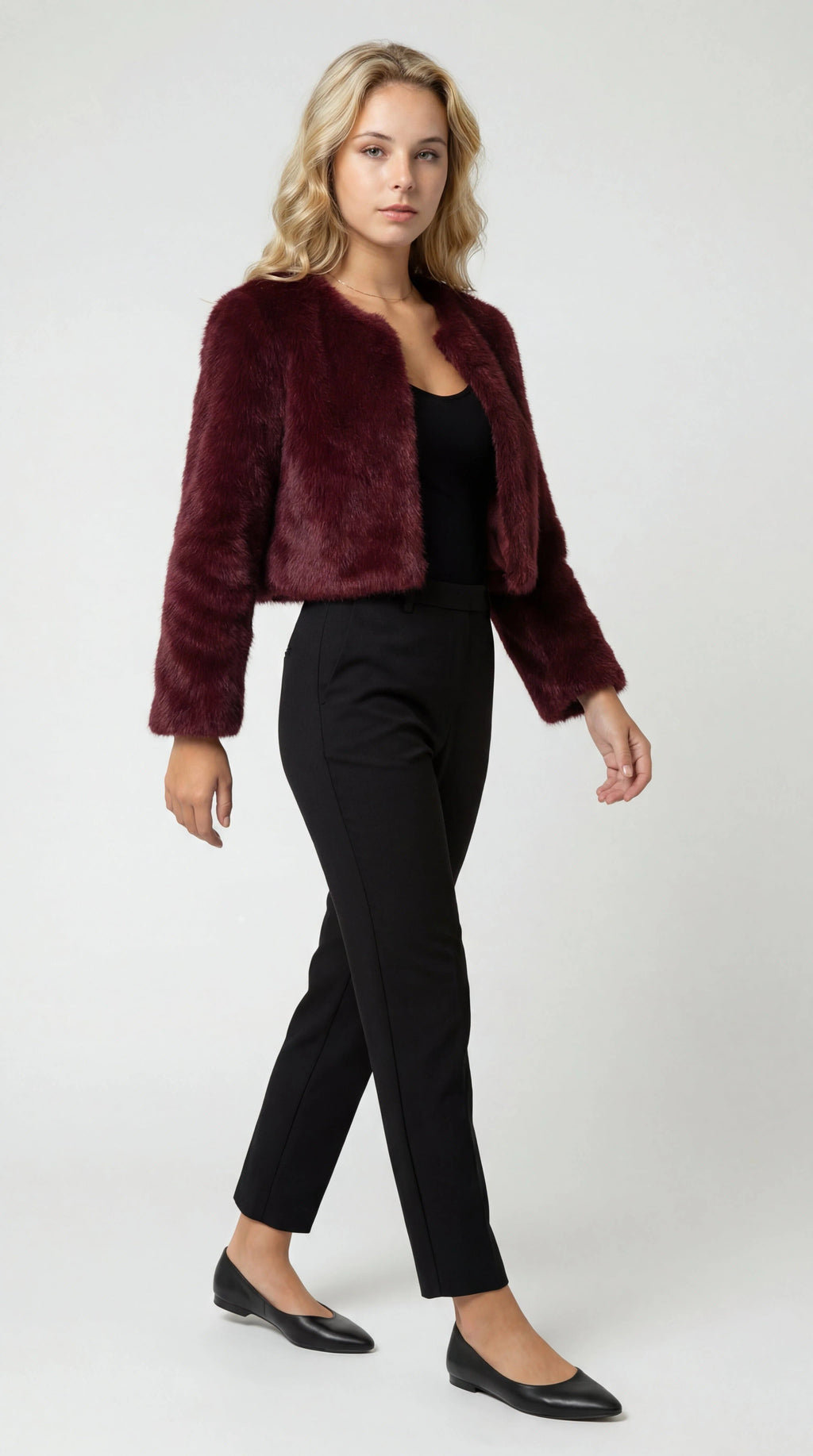 Women's Cropped Faux Fur Jacket in Burgundy