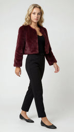 Women's Cropped Faux Fur Jacket in Burgundy