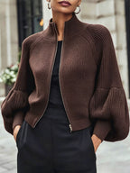 Women's Cropped Zip Cardigan in Brown