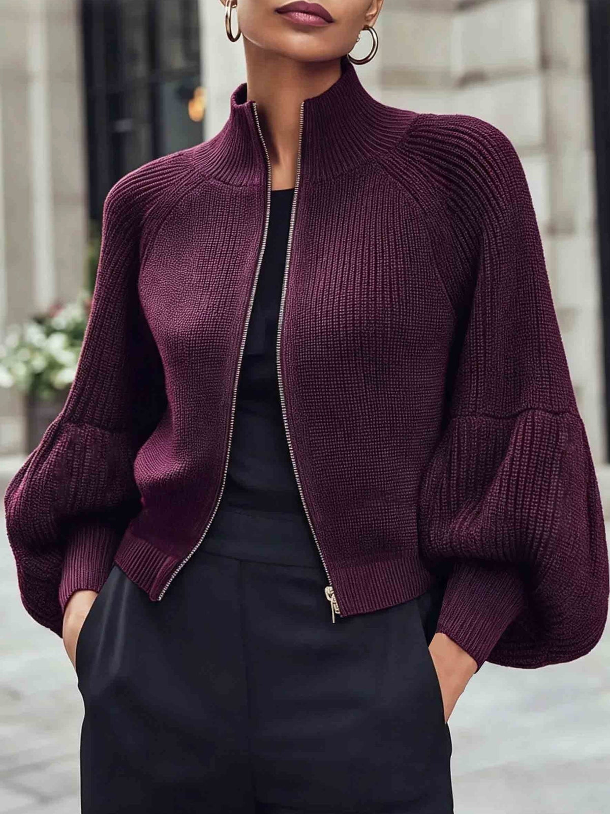 Women's Cropped Zip Cardigan in Purple