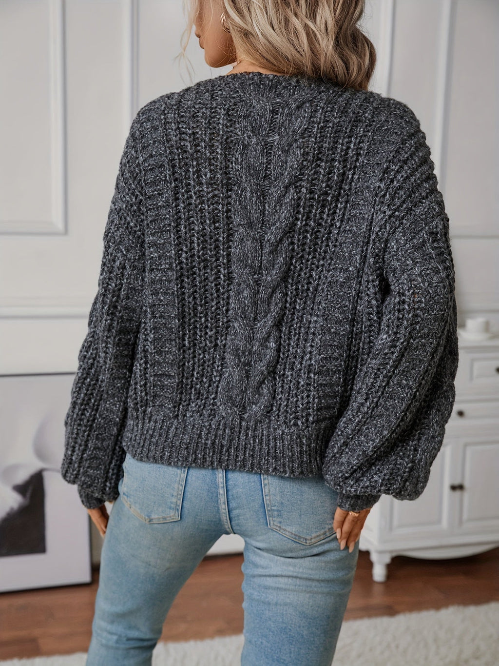 Women's Chunky Cable Knit Sweater in Dark Gray - view 1