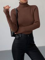 Women's Fitted Ribbed Turtleneck Sweater in Brown