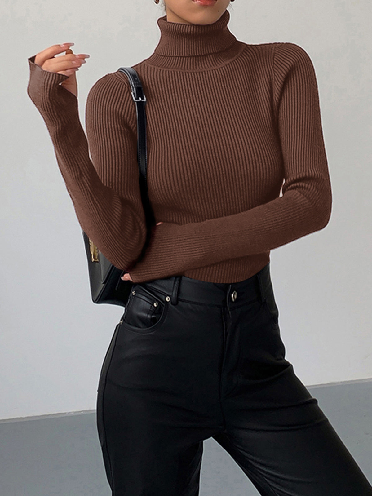 Women's Fitted Ribbed Turtleneck Sweater in Brown