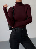 Women's Fitted Ribbed Turtleneck Sweater in Burgundy