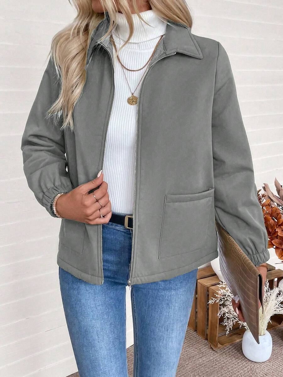 Women's Fleece-Lined Zip Jacket in Light Gray