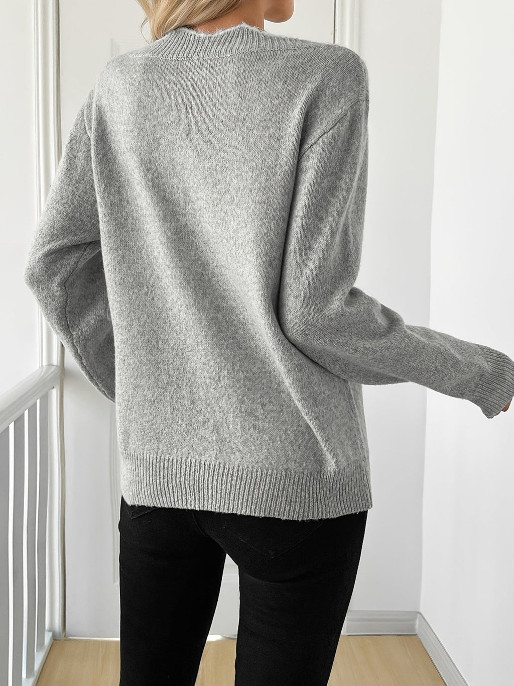 Women's V-Neck Sweater with Knitted Bow in Gray - view 1