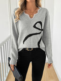 Women's V-Neck Sweater with Knitted Bow in Gray
