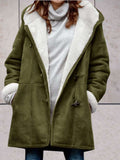 Women's Hooded Suede-Look Coat in Olive Green
