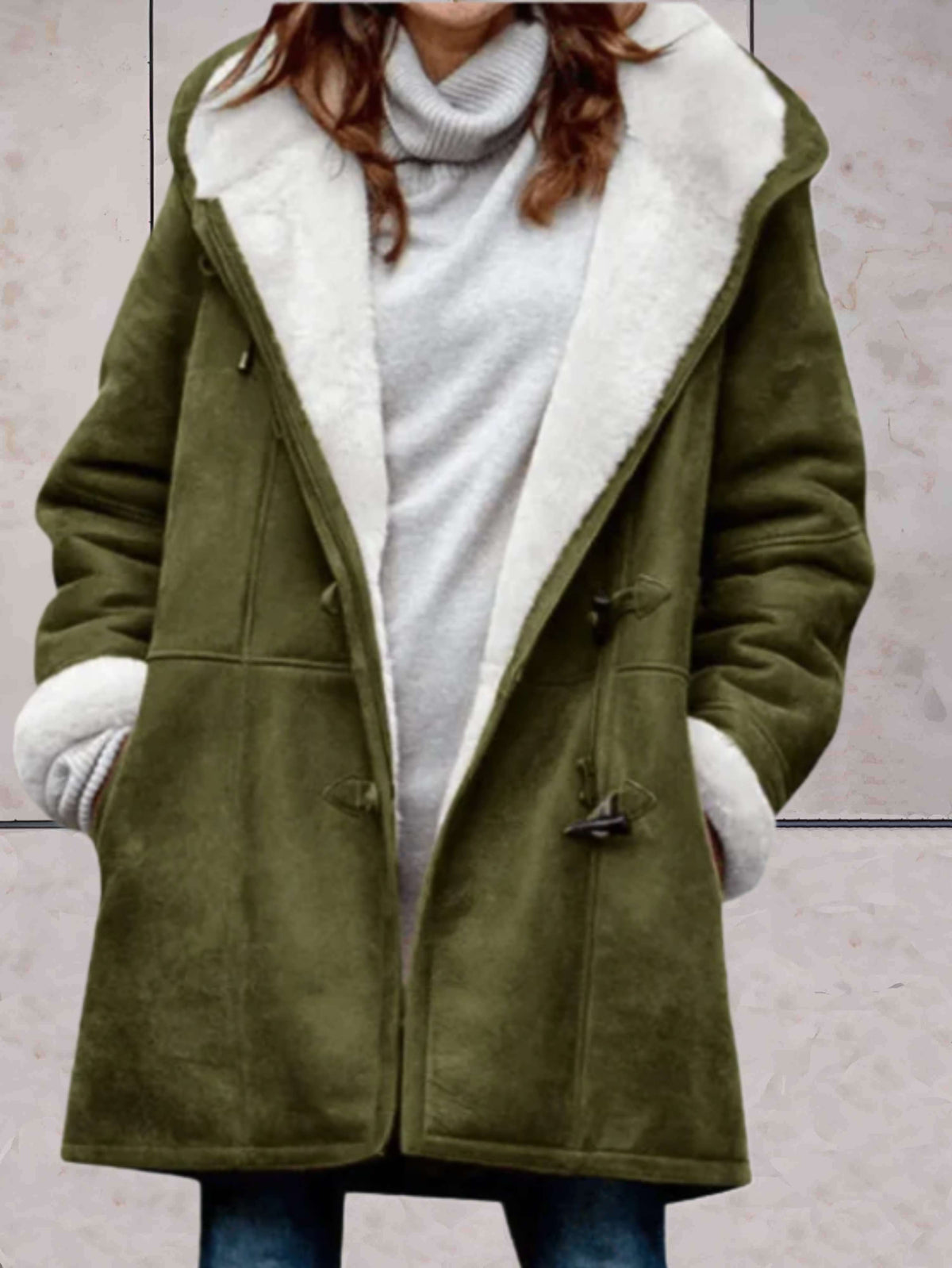 Women's Hooded Suede-Look Coat in Olive Green