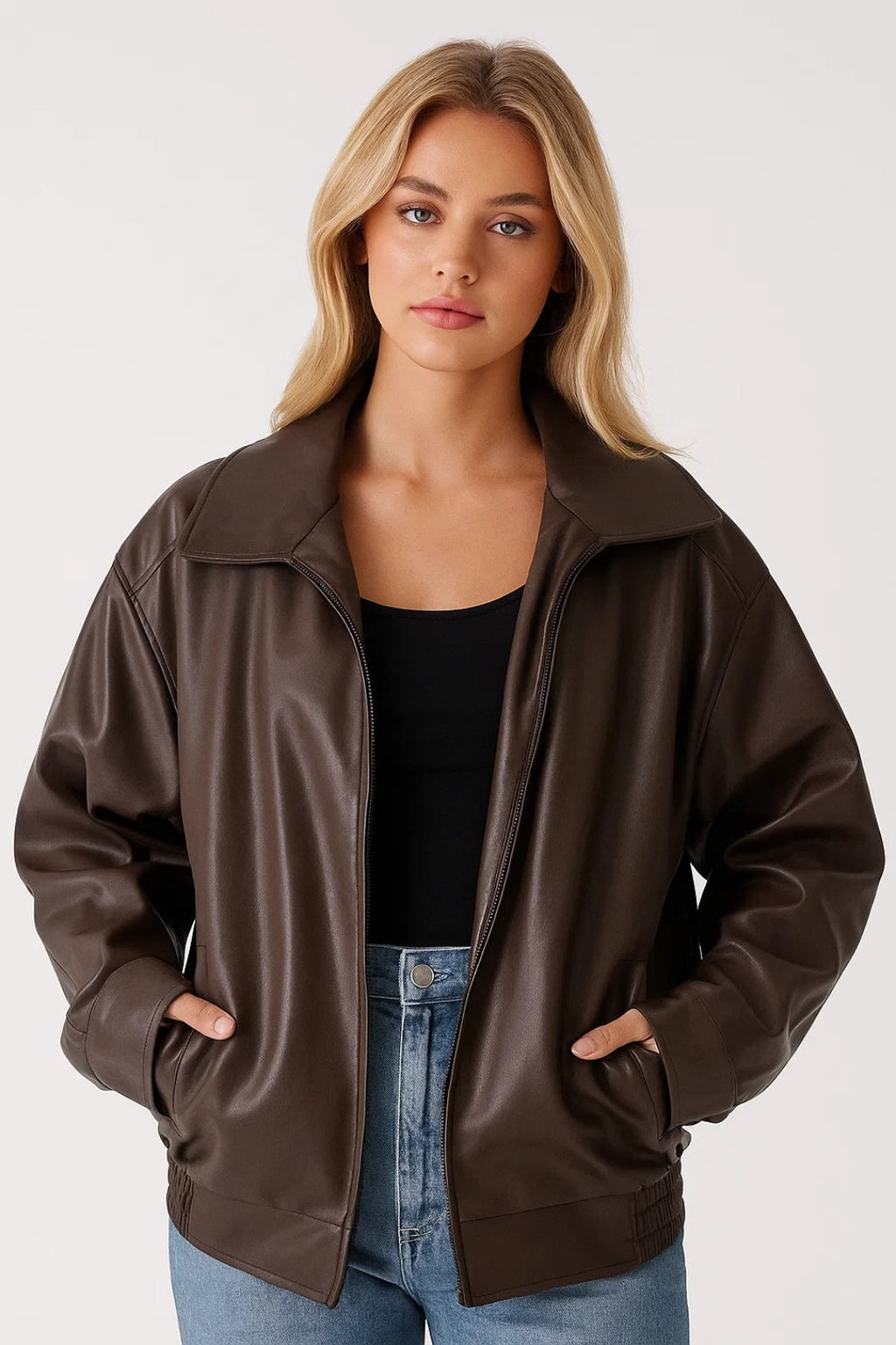 Women's Oversized Faux Leather Bomber Jacket in Dark Brown