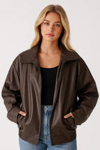 Women's Oversized Faux Leather Bomber Jacket in Dark Brown