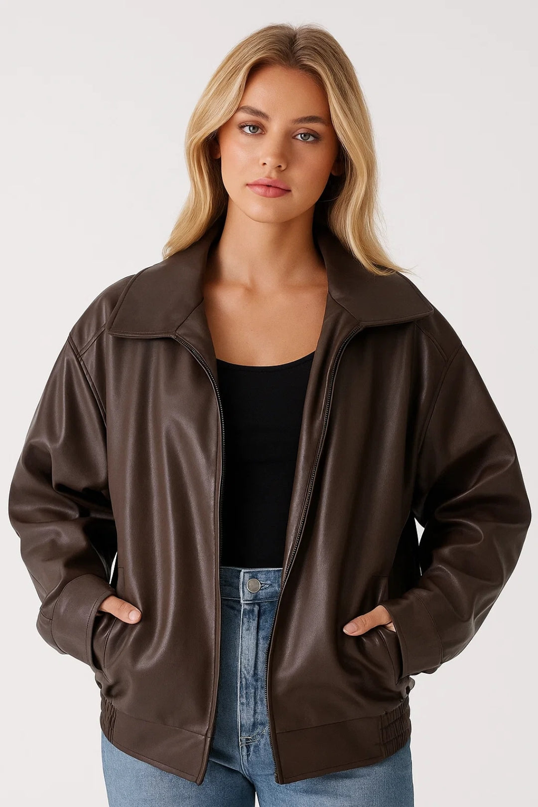 Women's Oversized Faux Leather Bomber Jacket in Dark Brown