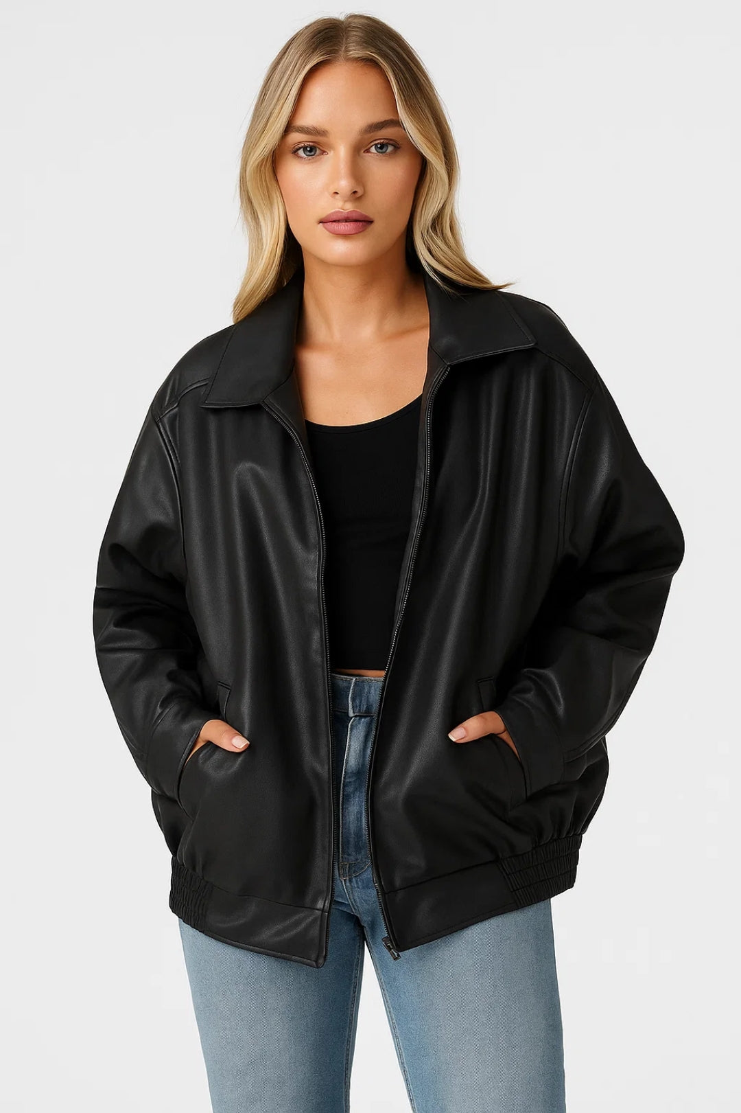 Women's Oversized Faux Leather Bomber Jacket in Black