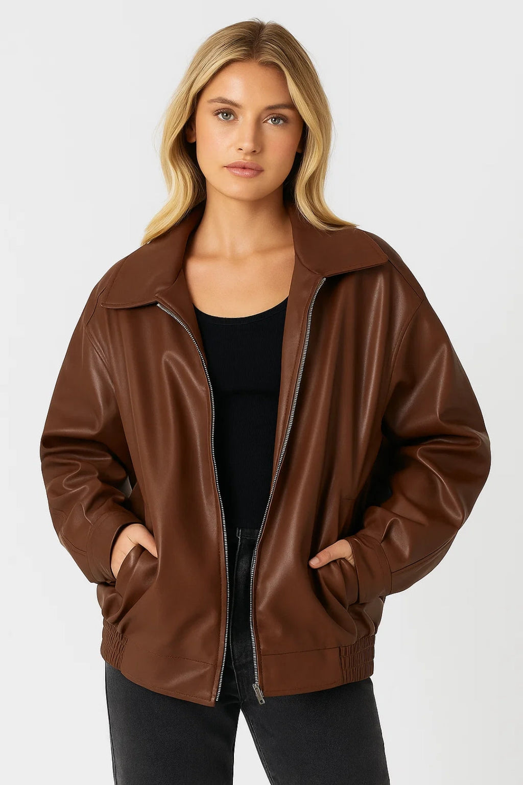 Women's Oversized Faux Leather Bomber Jacket in Light Brown